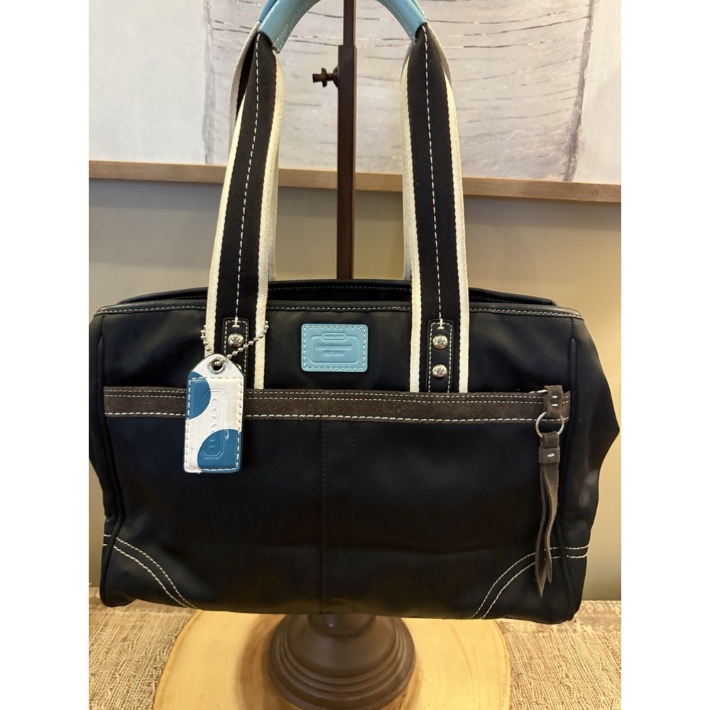 Coach Hampton Leatherware Black turquoise Weekend Tote Sateen‎ & Leather F11993
